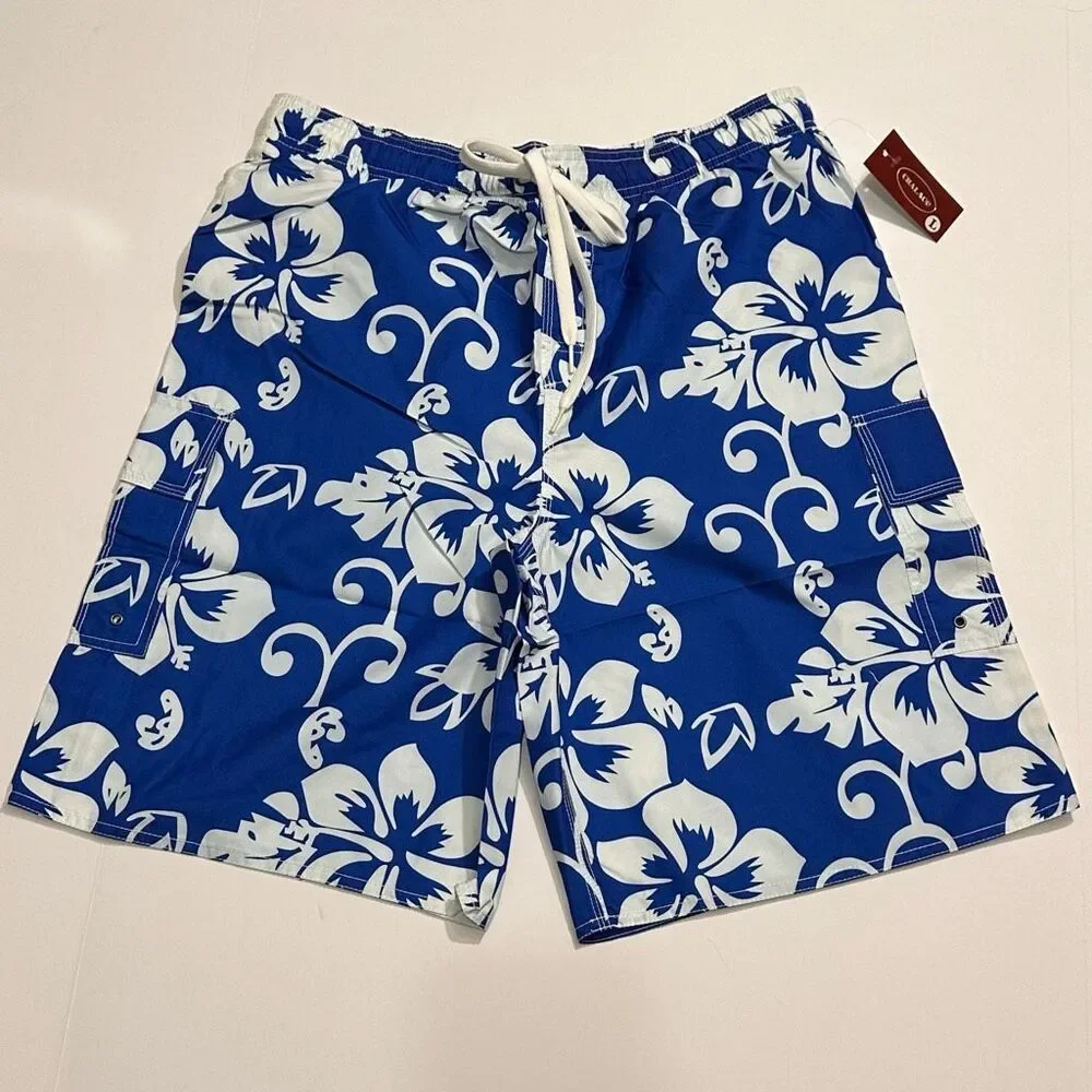 Chalaco Hibiscus Floral Swim Trunks Blue and White | Men Size Large